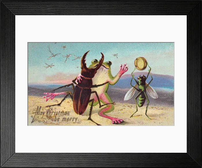 Framed Print : Two insects and a frog on a Christmas card Framed Print : Two insects and a frog on a Christmas card