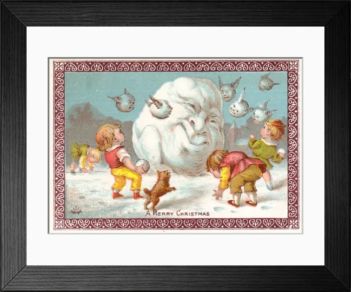 Framed Print : Four children snowballing on a Christmas card Framed Print : Four children snowballing on a Christmas card
