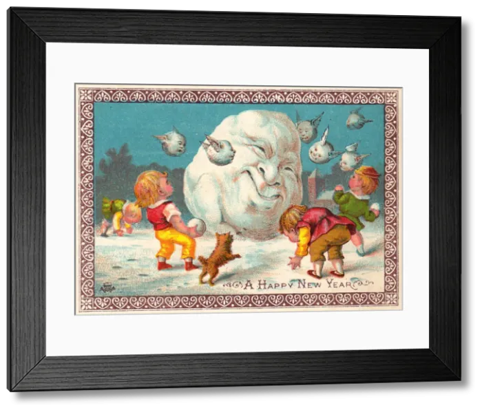 Framed Print : Four children snowballing on a New Year card Framed Print : Four children snowballing on a New Year card