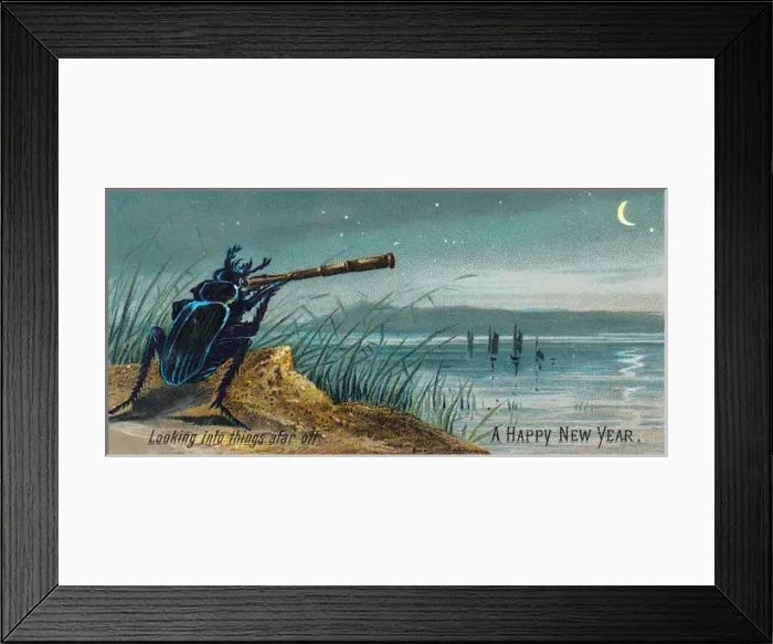 Framed Print : Beetle with telescope on a New Year card Framed Print : Beetle with telescope on a New Year card