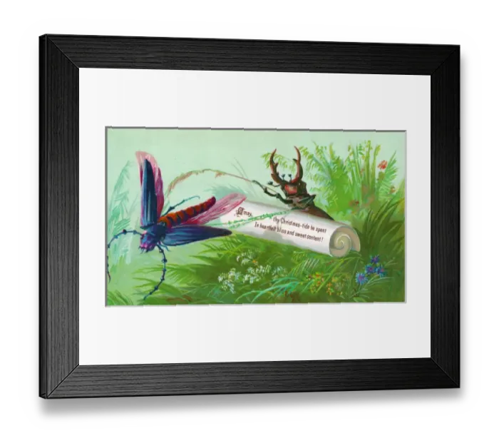 Framed Print : Dragonfly and beetle on a Christmas card Framed Print : Dragonfly and beetle on a Christmas card