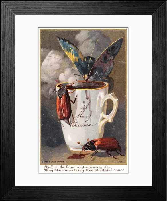 Framed Print : Two beetles and a butterfly on a Christmas card
