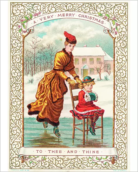 Mother and daughter skating on a Christmas card