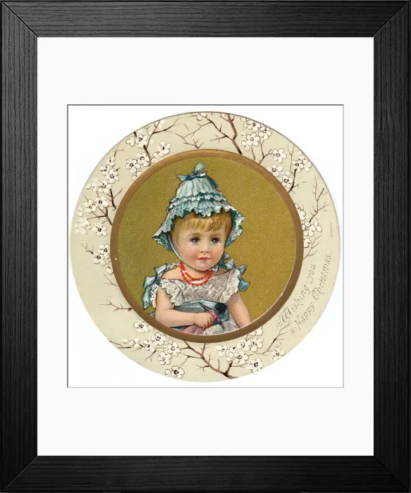 Framed Print : Little girl in a blue bonnet on a circular Christmas card Framed Print : Little girl in a blue bonnet on a circular Christmas card