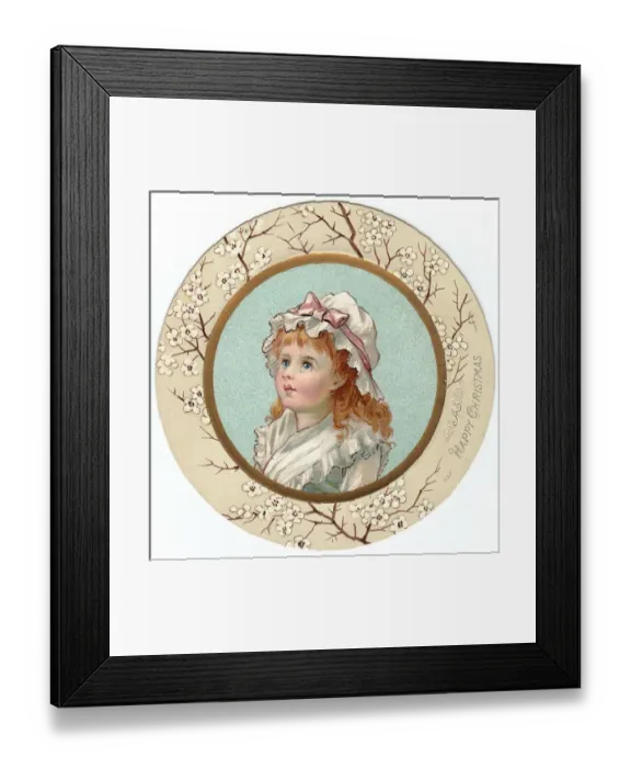 Framed Print : Little girl in a white bonnet on a circular Christmas card Framed Print : Little girl in a white bonnet on a circular Christmas card