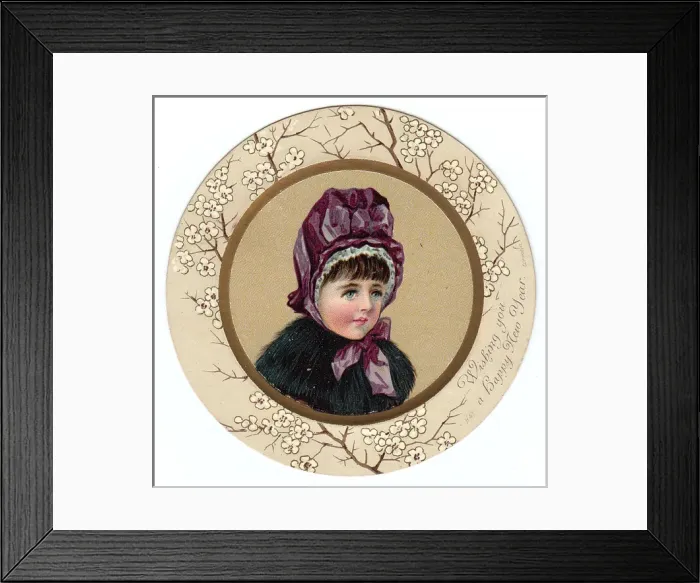Framed Print : Little girl in a purple bonnet on a circular New Year card Framed Print : Little girl in a purple bonnet on a circular New Year card