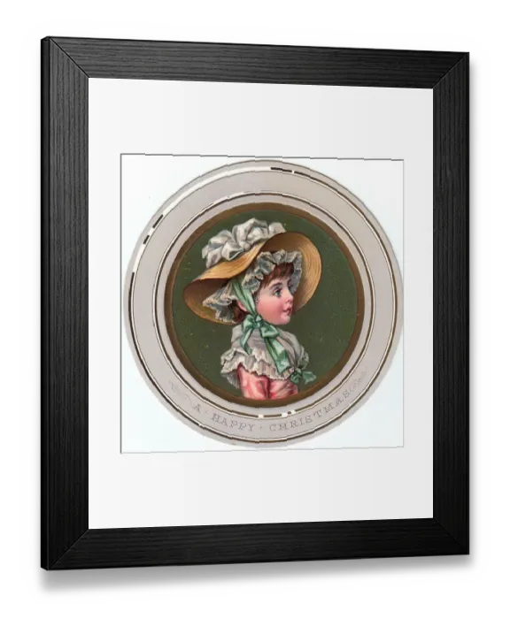 Framed Print : Little girl in a straw bonnet on a circular Christmas card Framed Print : Little girl in a straw bonnet on a circular Christmas card