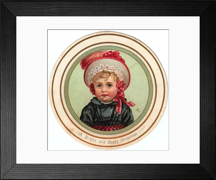 Framed Print : Little girl in red and white hat on circular Christmas card Framed Print : Little girl in red and white hat on circular Christmas card