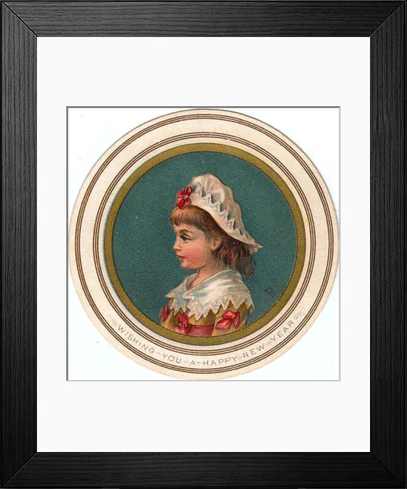 Framed Print : Little girl in a white cap on a circular New Year card Framed Print : Little girl in a white cap on a circular New Year card