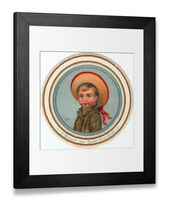 Framed Print : Little boy in straw hat on a circular New Year card Framed Print : Little boy in straw hat on a circular New Year card