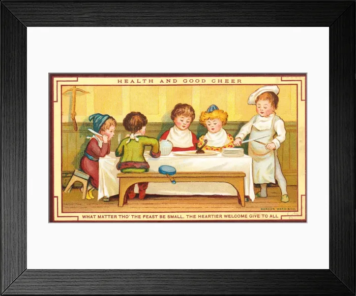 Framed Print : Five children at a table on a Christmas card Framed Print : Five children at a table on a Christmas card