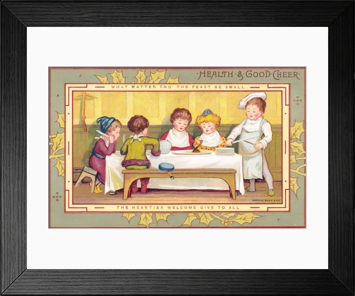 Framed Print : Five children at a table on a Christmas card Framed Print : Five children at a table on a Christmas card