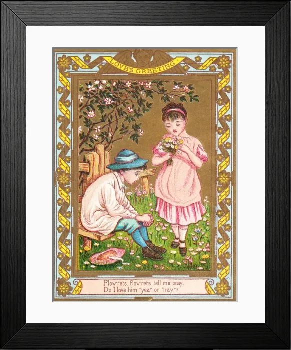 Framed Print : Boy and girl with flowers on a romantic greetings card Framed Print : Boy and girl with flowers on a romantic greetings card