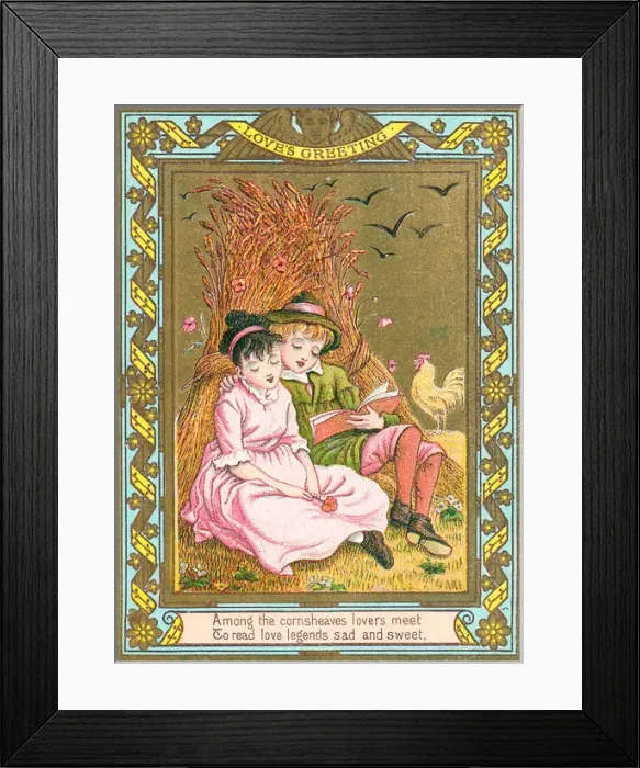 Framed Print : Boy and girl with corn sheaves on a romantic greetings card Framed Print : Boy and girl with corn sheaves on a romantic greetings card