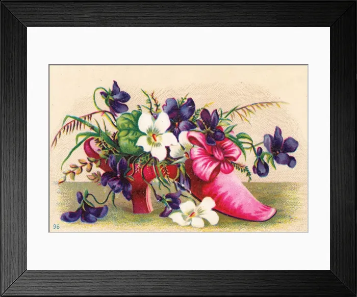 Framed Print : Flowers growing in a shoe on a greetings card Framed Print : Flowers growing in a shoe on a greetings card