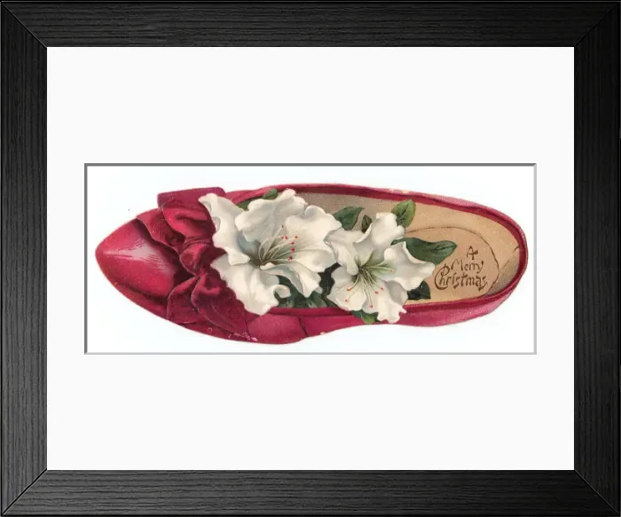 Framed Print : White flowers in a shoe-shaped Christmas card Framed Print : White flowers in a shoe-shaped Christmas card