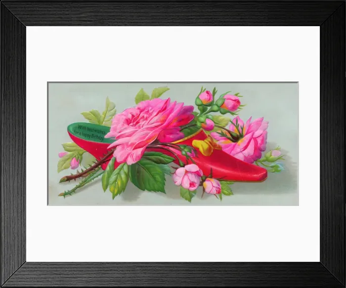 Framed Print : Pink roses in a shoe on a birthday card Framed Print : Pink roses in a shoe on a birthday card