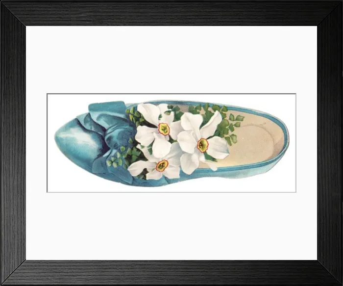 Framed Print : White flowers in a shoe-shaped greetings card Framed Print : White flowers in a shoe-shaped greetings card