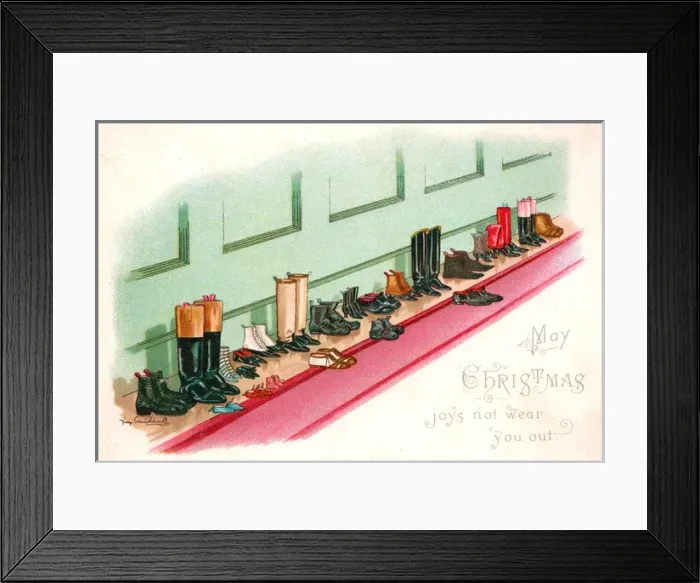 Framed Print : Boots and shoes on a Christmas card Framed Print : Boots and shoes on a Christmas card