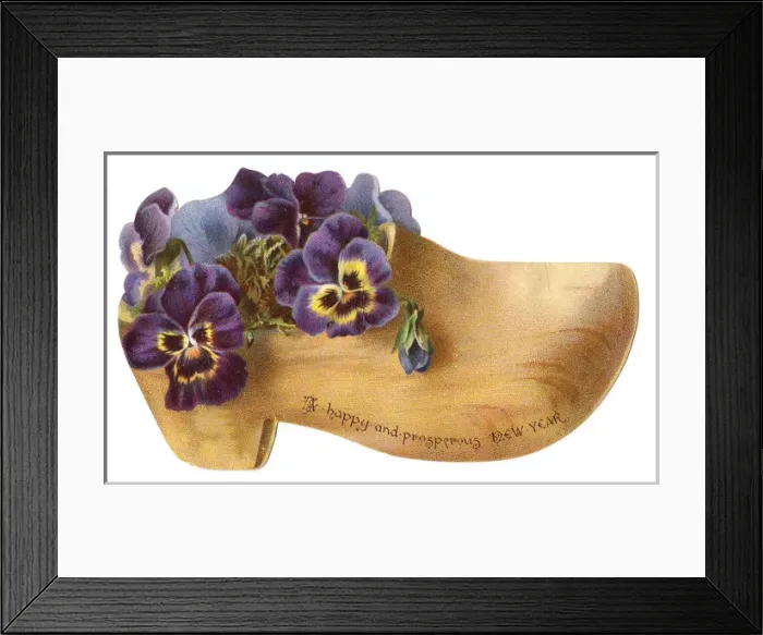 Framed Print : Flowers in a wooden clog-shaped New Year card Framed Print : Flowers in a wooden clog-shaped New Year card
