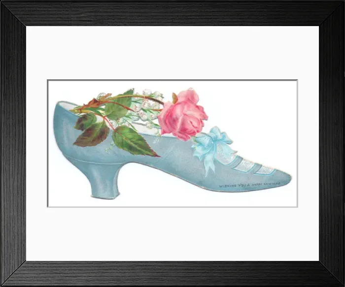 Framed Print : Pink and white flowers in a shoe-shaped New Year card
