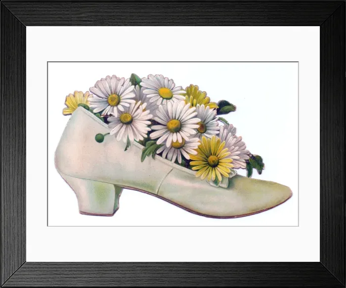 Framed Print : White and yellow daisies in a shoe-shaped greetings card Framed Print : White and yellow daisies in a shoe-shaped greetings card