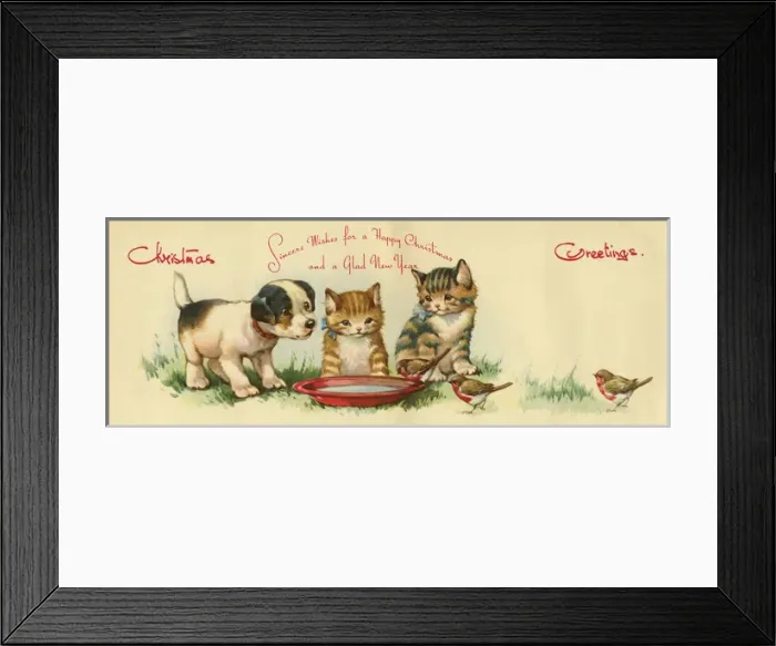 Framed Print : Christmas card, dog, kittens and robins Framed Print : Christmas card, dog, kittens and robins