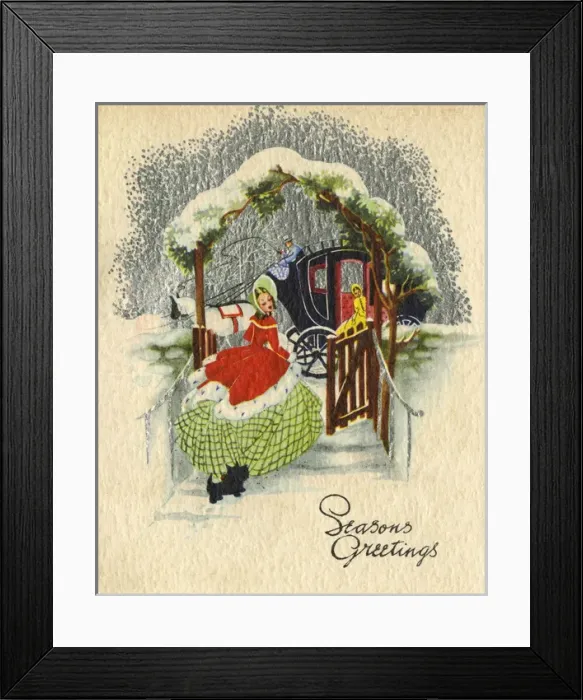 Framed Print : Christmas card, Lady in snow with stagecoach Framed Print : Christmas card, Lady in snow with stagecoach