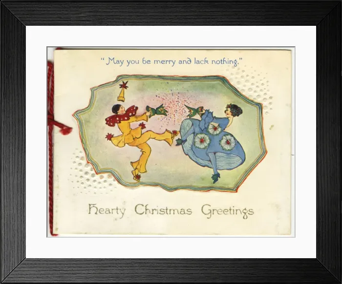 Framed Print : Christmas card, Clown and lady with cracker Framed Print : Christmas card, Clown and lady with cracker