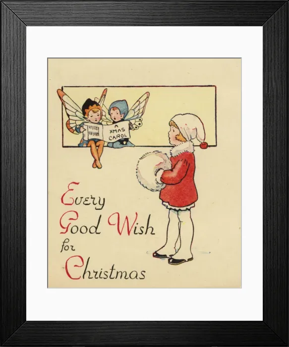 Framed Print : Christmas card, Girl and fairies singing carols Framed Print : Christmas card, Girl and fairies singing carols