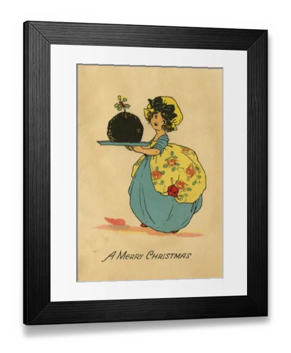 Framed Print : Christmas card, Girl carrying Christmas pudding