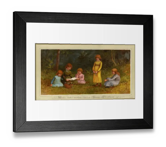 Framed Print : Christmas card, five children in a wood Framed Print : Christmas card, five children in a wood