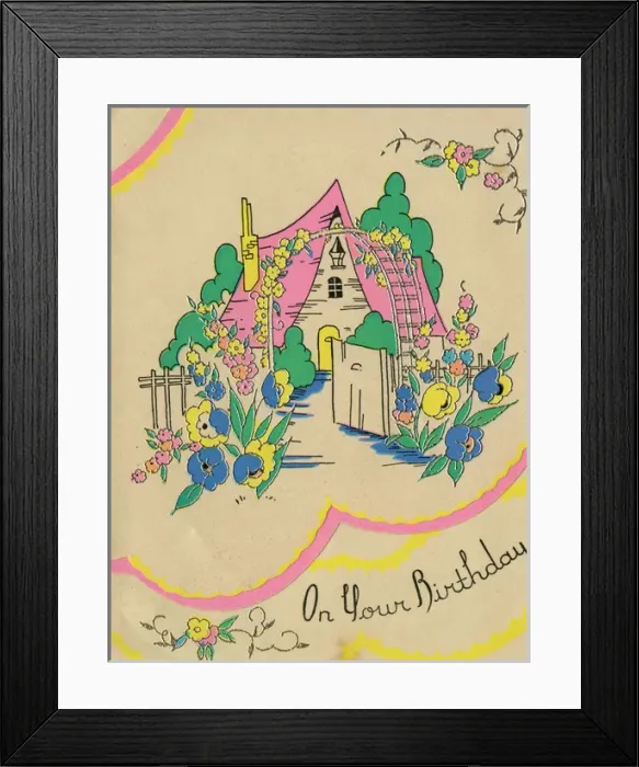 Framed Print : Birthday card with colourful country cottage Framed Print : Birthday card with colourful country cottage