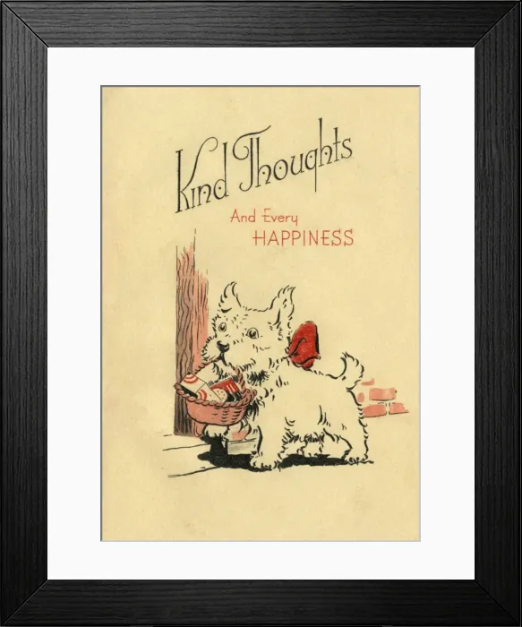 Framed Print : Birthday card, Dog with basket Framed Print : Birthday card, Dog with basket