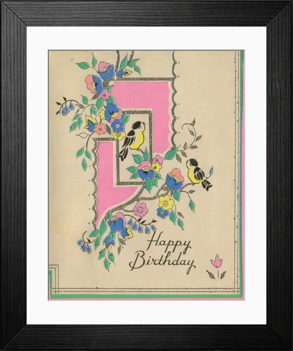 Framed Print : Birthday card, Birds and flowers Framed Print : Birthday card, Birds and flowers
