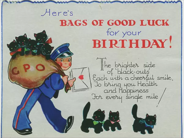 WW2 birthday card, Postman with black kittens