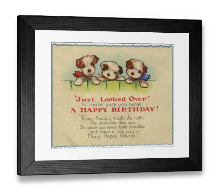 Framed Print : Birthday card, Puppies looking over a fence Framed Print : Birthday card, Puppies looking over a fence