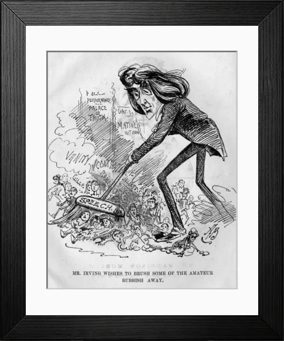 Framed Print : Caricature of Henry Irving sweeping amateurs away Framed Print : Caricature of Henry Irving sweeping amateurs away