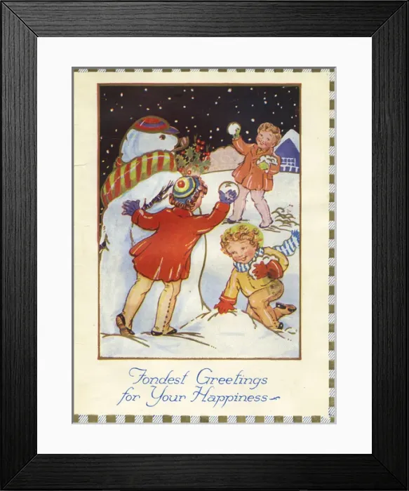 Framed Print : Christmas card, Children and snowman Framed Print : Christmas card, Children and snowman