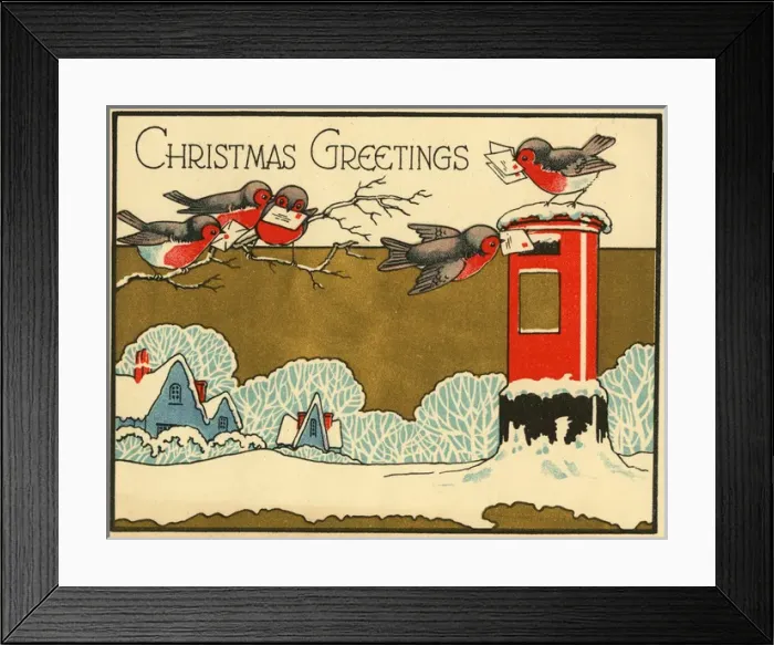 Framed Print : Christmas card, Robins posting Christmas Greetings Framed Print : Christmas card, Robins posting Christmas Greetings