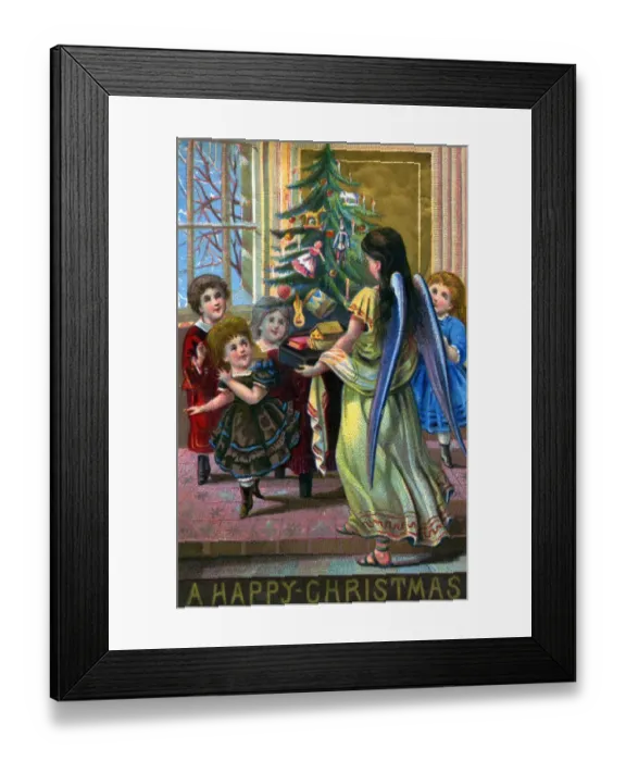 Framed Print : Christmas card, Victorian children with angel and tree Framed Print : Christmas card, Victorian children with angel and tree