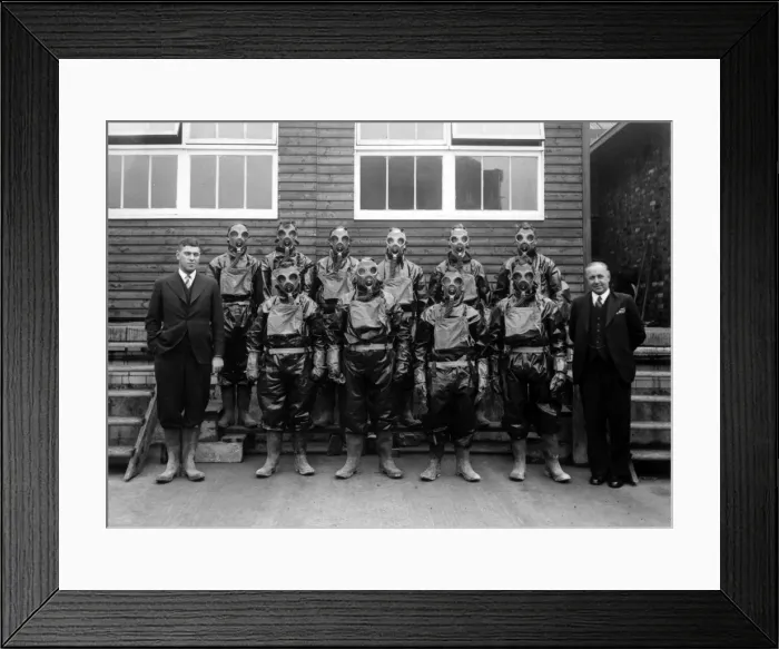 Framed Print : Gas and smoke mask training, WW2