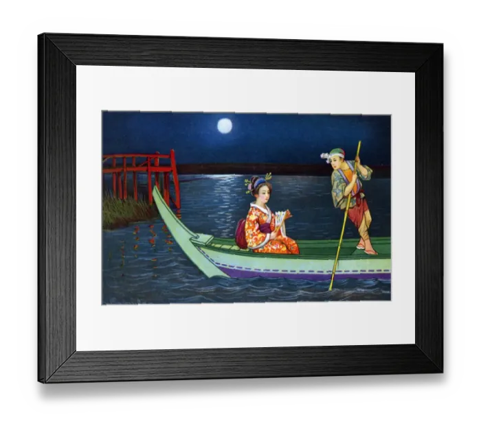 Framed Print : Japanese woman taken out for a moonlit boat trip on the lake Framed Print : Japanese woman taken out for a moonlit boat trip on the lake