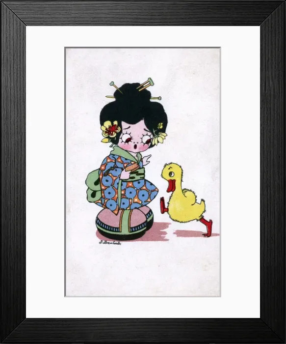 Framed Print : Dollie Goo Goo surpised by a duckling Framed Print : Dollie Goo Goo surpised by a duckling