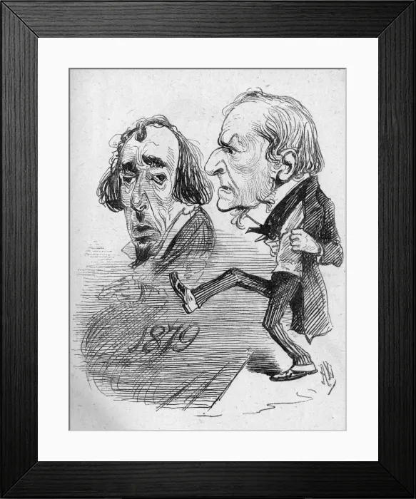 Framed Print : Cartoon, Gladstone kicking out Disraeli Framed Print : Cartoon, Gladstone kicking out Disraeli