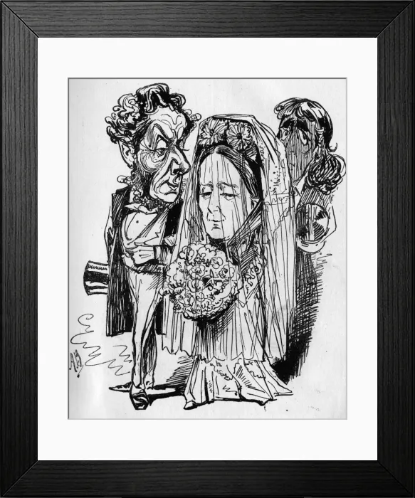 Framed Print : Cartoon, wedding scene with Henry Irving Framed Print : Cartoon, wedding scene with Henry Irving