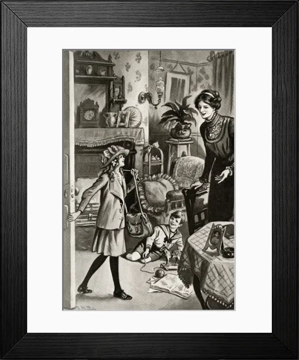 Framed Print : Illustration, Vicky arrives home from school Framed Print : Illustration, Vicky arrives home from school