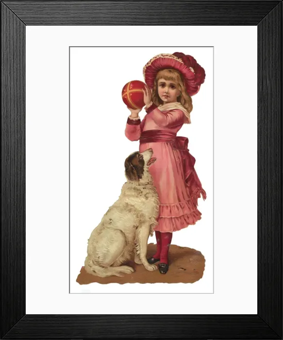 Framed Print : Victorian scrap - girl and dog with ball Framed Print : Victorian scrap - girl and dog with ball