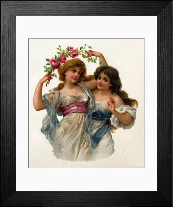 Framed Print : Victorian Transfer design, two girls with roses Framed Print : Victorian Transfer design, two girls with roses