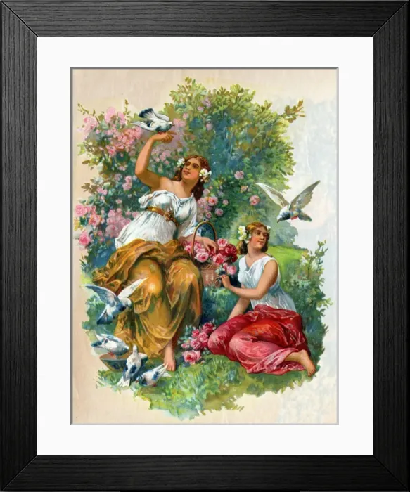 Framed Print : Victorian Transfer design, girls with birds and roses Framed Print : Victorian Transfer design, girls with birds and roses